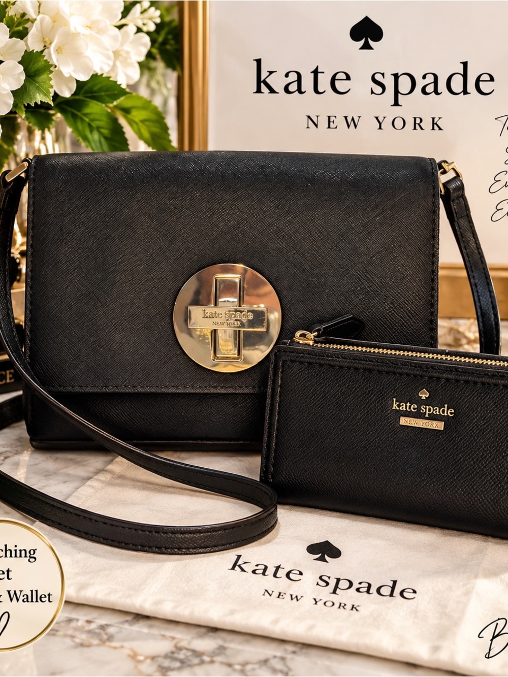 Kate Spade Newbury Lane Sally Black Saffiano Leather Turn-Lock Crossbody & W